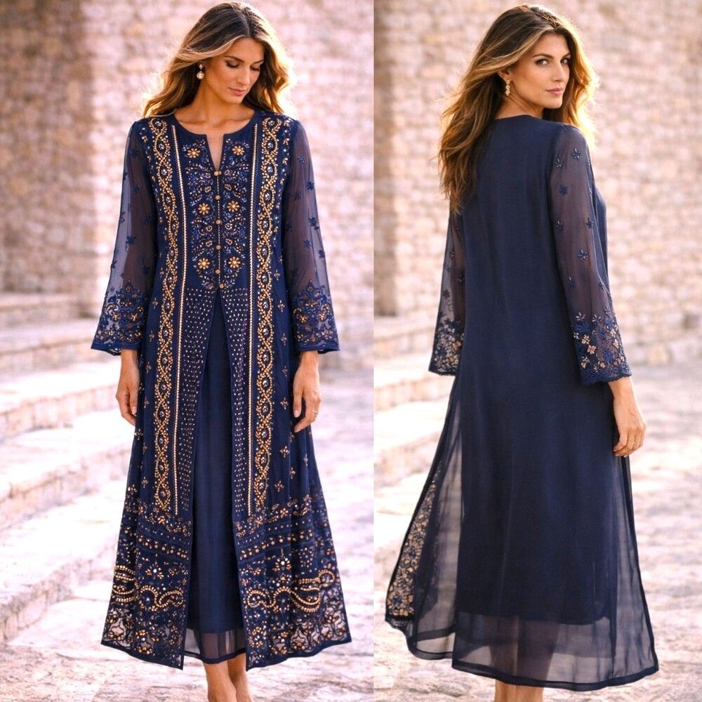 Heirloom Celebration Zoon M Sheer Overlay Navy Embroider Tunic Dress Gold Sequin